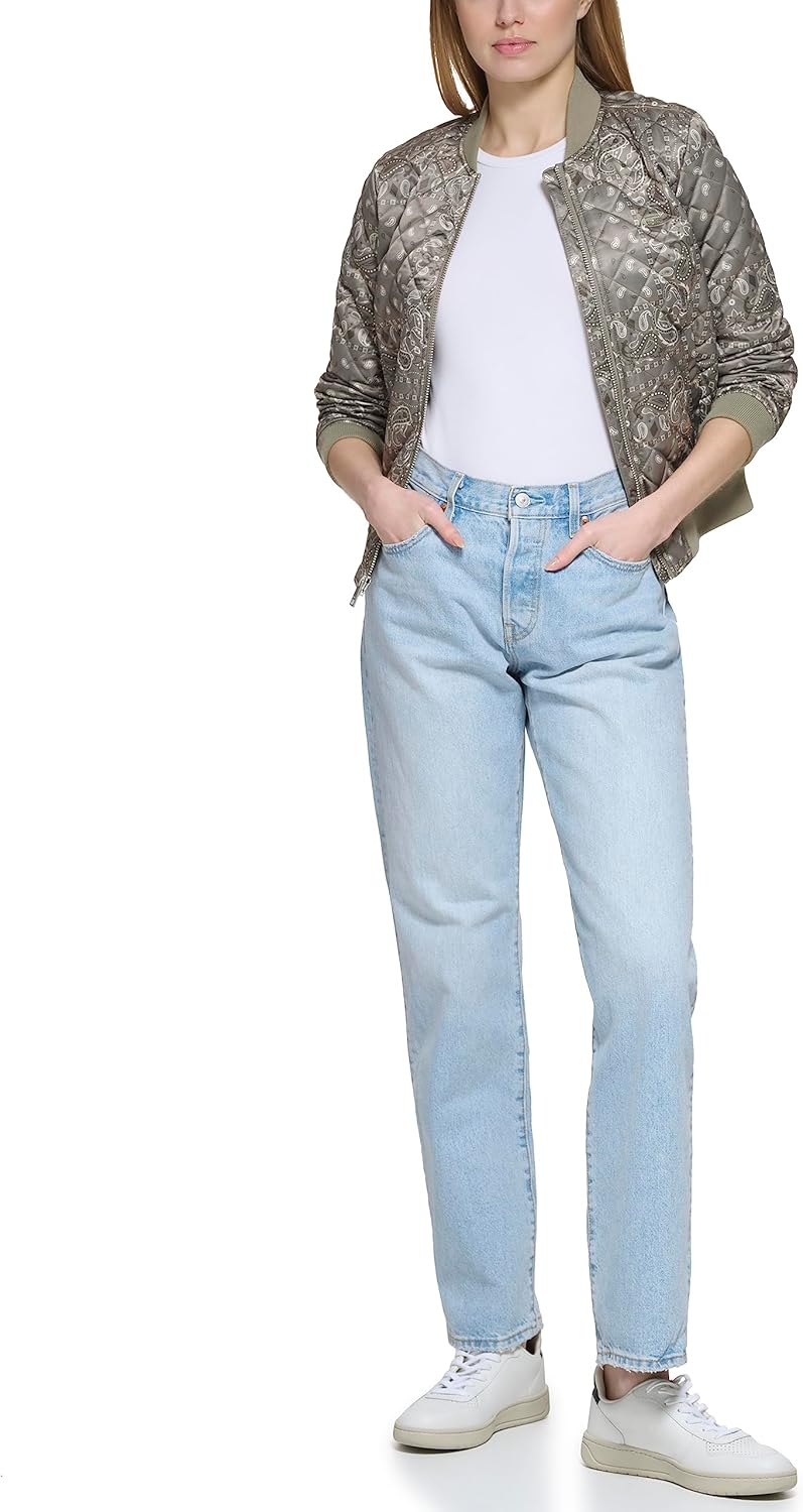 Gray diamond-quilt bomber jacket with paisley print, zip front, ribbed cuffs and hem