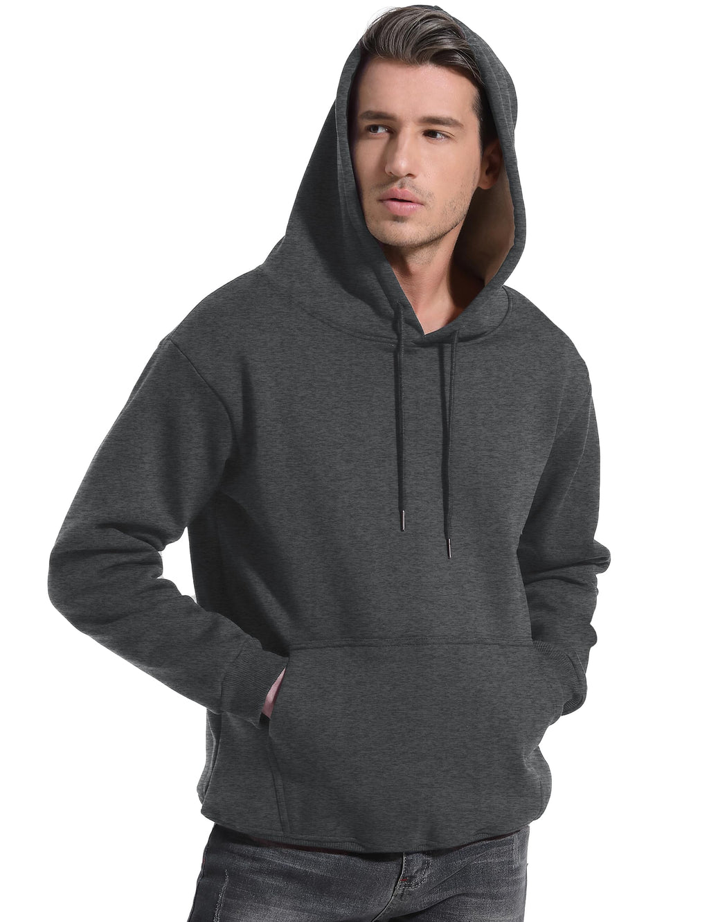 Men's fleece sherpa-lined hoodie, pullover with hood and drawstrings, kangaroo pocket, dark gray.