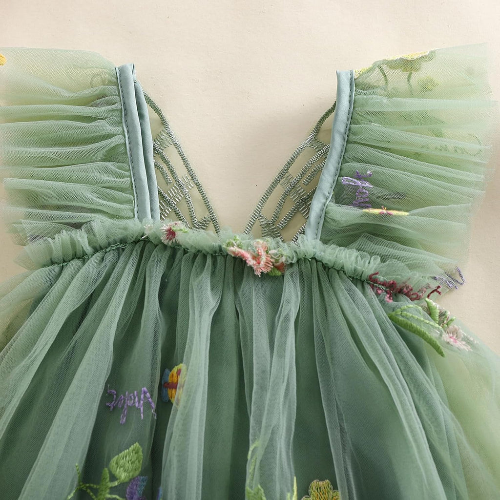 Green mesh sleeveless romper top with V-back straps and butterfly wing trim