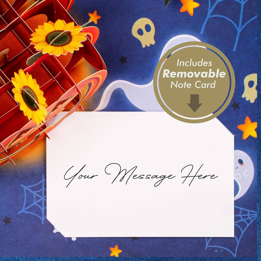 Open Halloween pop-up pumpkin card with removable white note card for your message