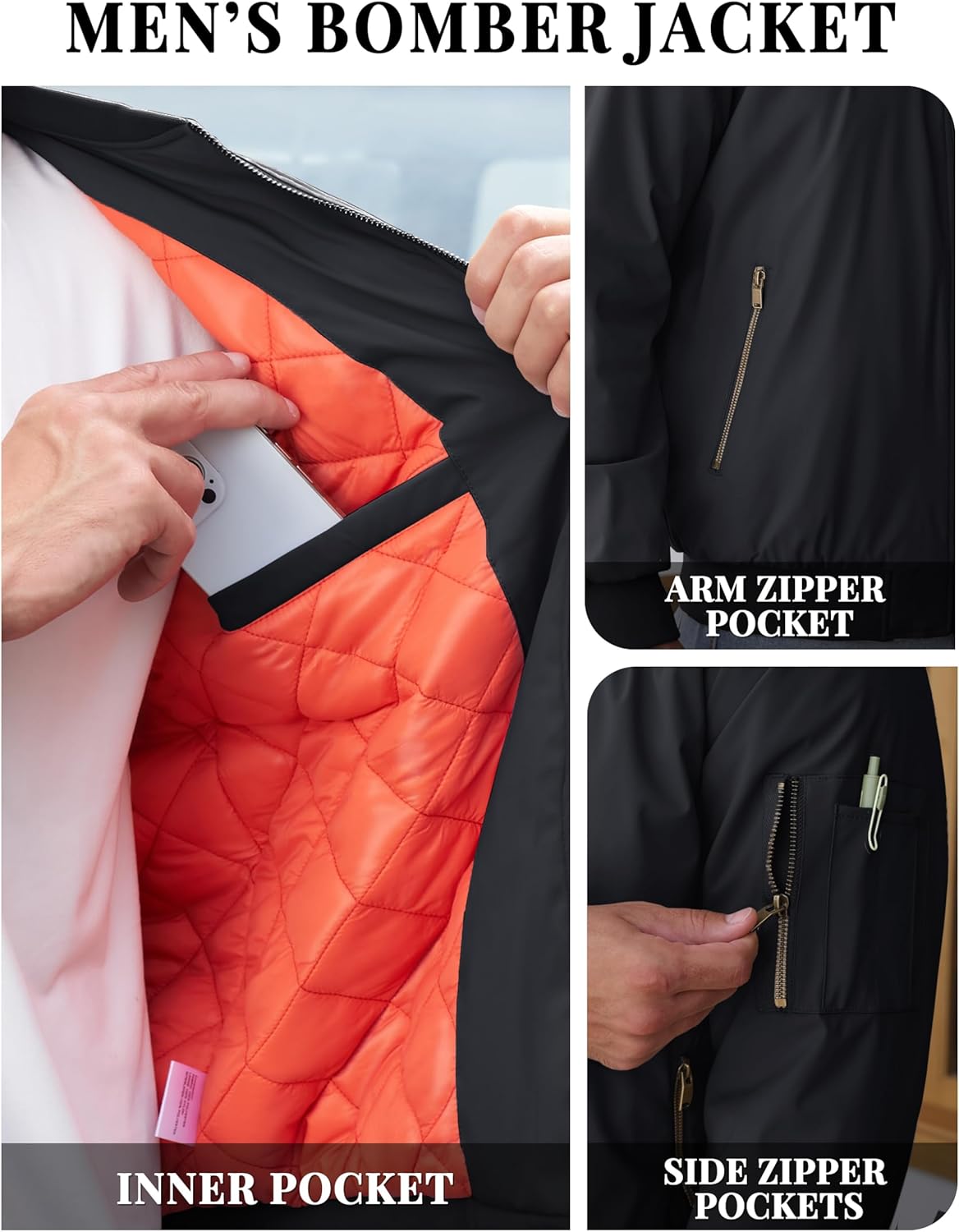 Men’s black bomber jacket interior and pockets, inner pocket and zipper pocket details.