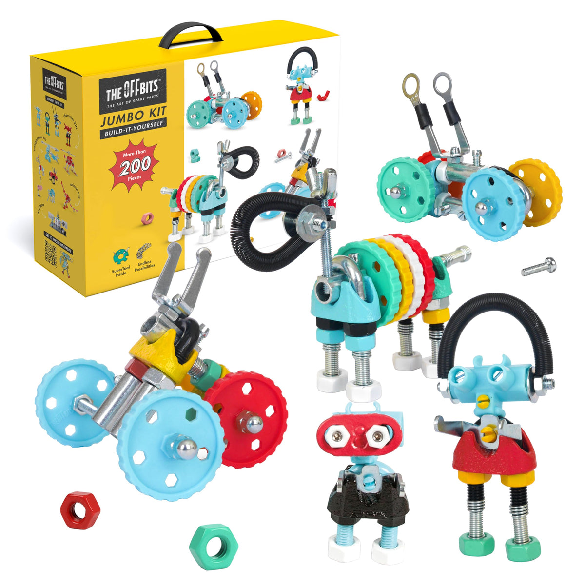 Montessori DIY robot kit with yellow box, several robot figures, and scattered hardware parts