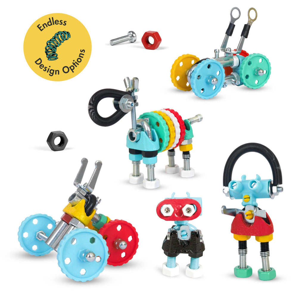Montessori DIY robot kit, multiple colorful robot figures with wheels, tools, and parts