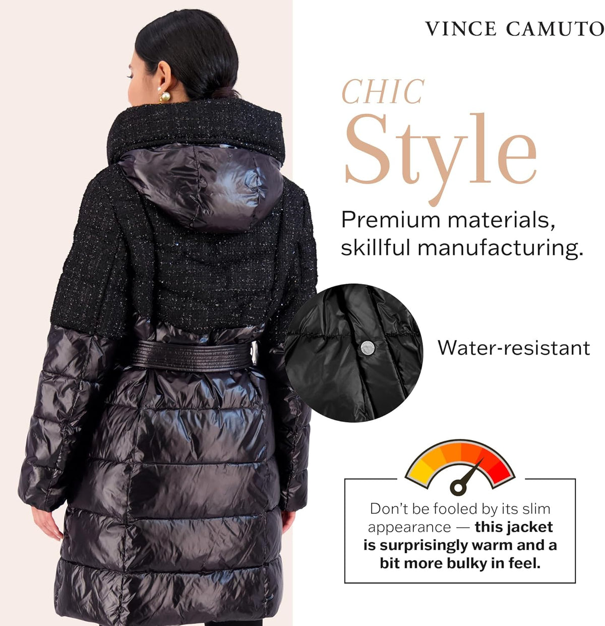 Black hooded puffer jacket with removable belt and rear hood coverage.
