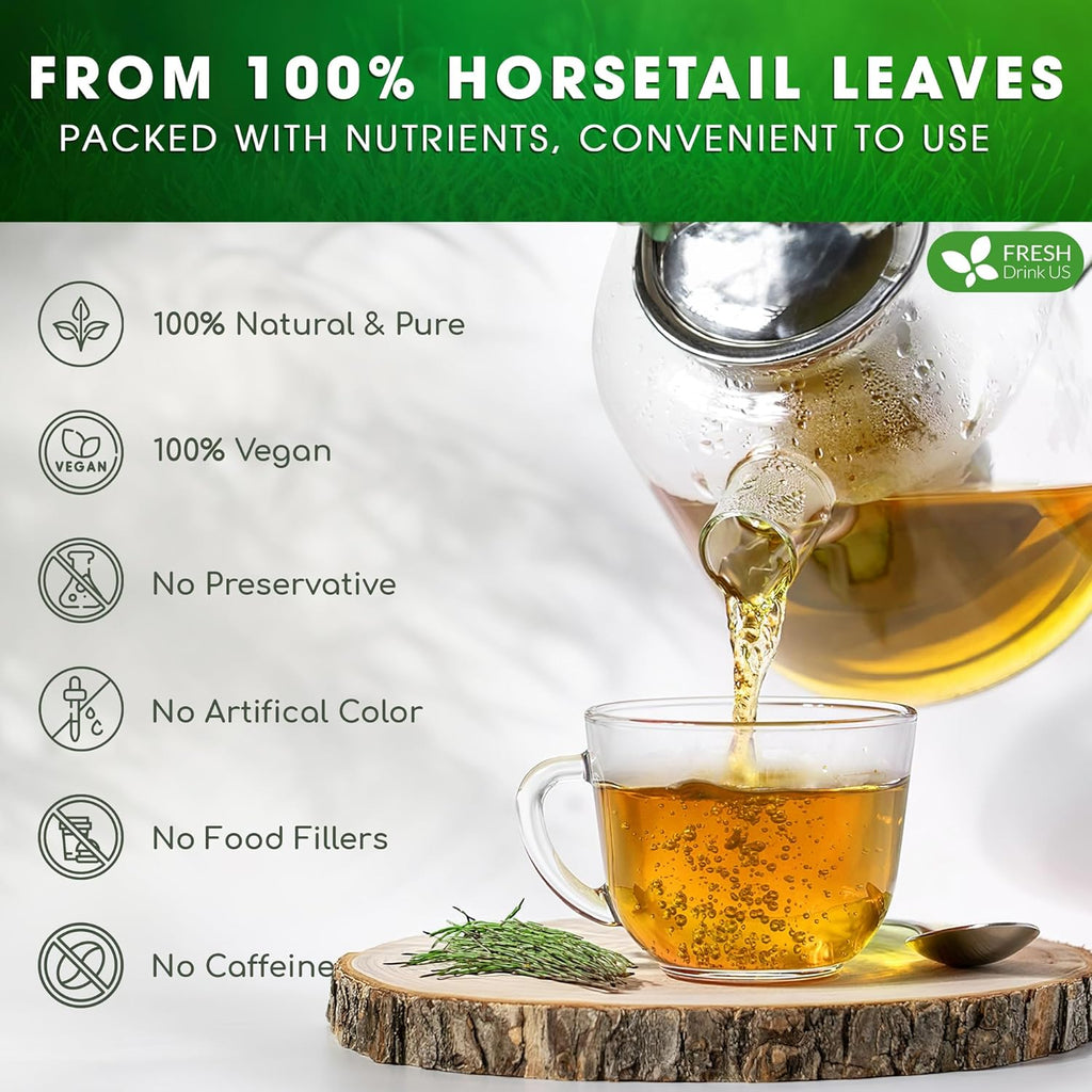 Pouring kettle and clear cup of golden horsetail tea with ingredient icons