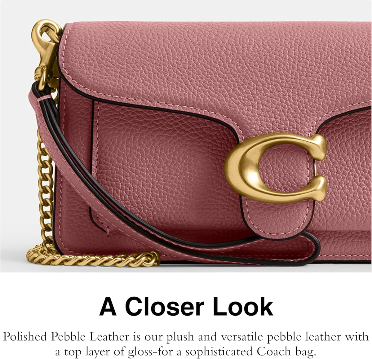 Rose pebbled leather crossbody bag close-up of Tabby C clasp and gold chain