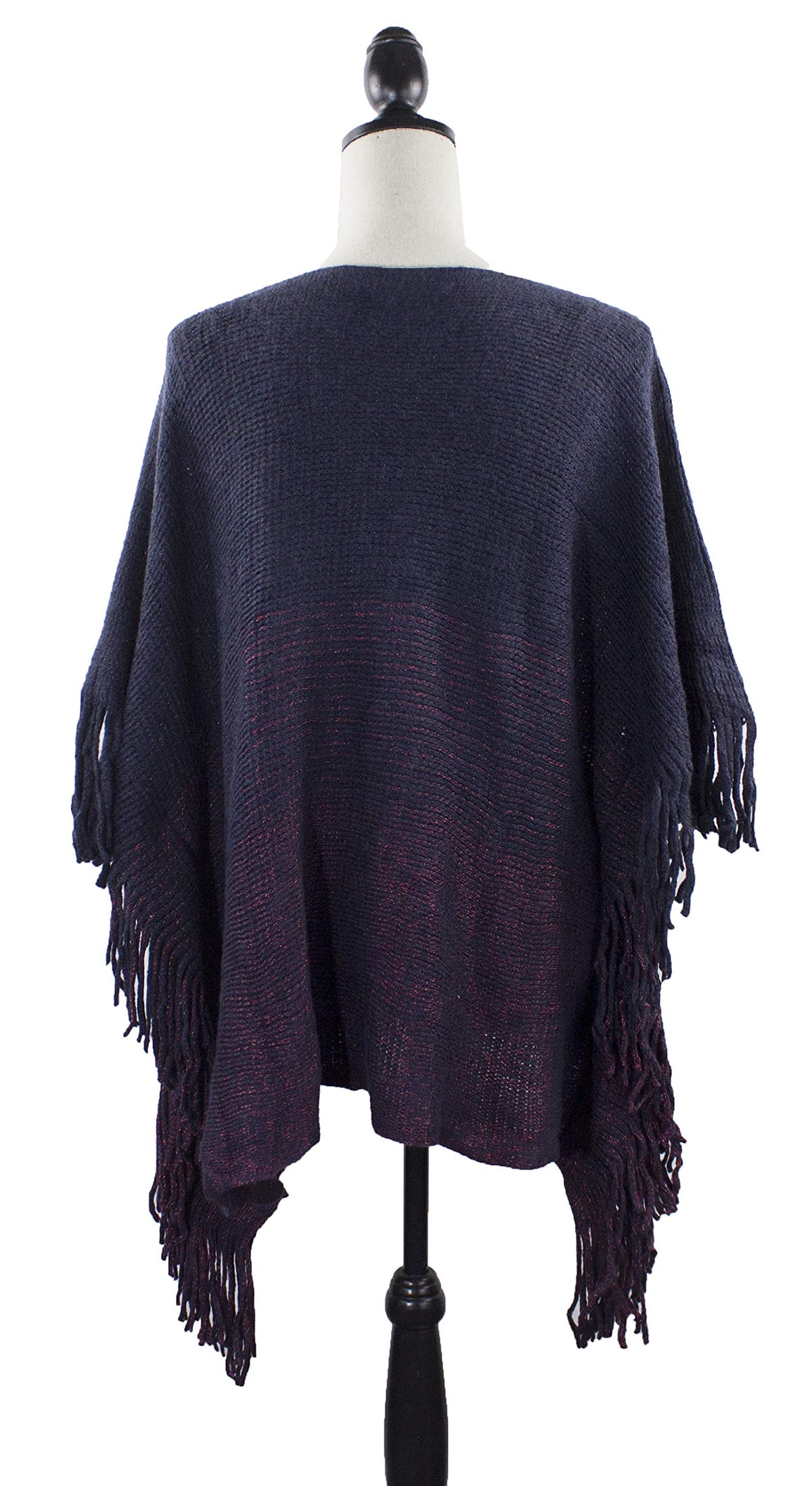 Two-tone knit poncho cardigan with fringe edges, navy back with burgundy stripe detail