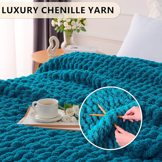 Teal chunky knit throw blanket on a bed, with close-up inset of the knit texture