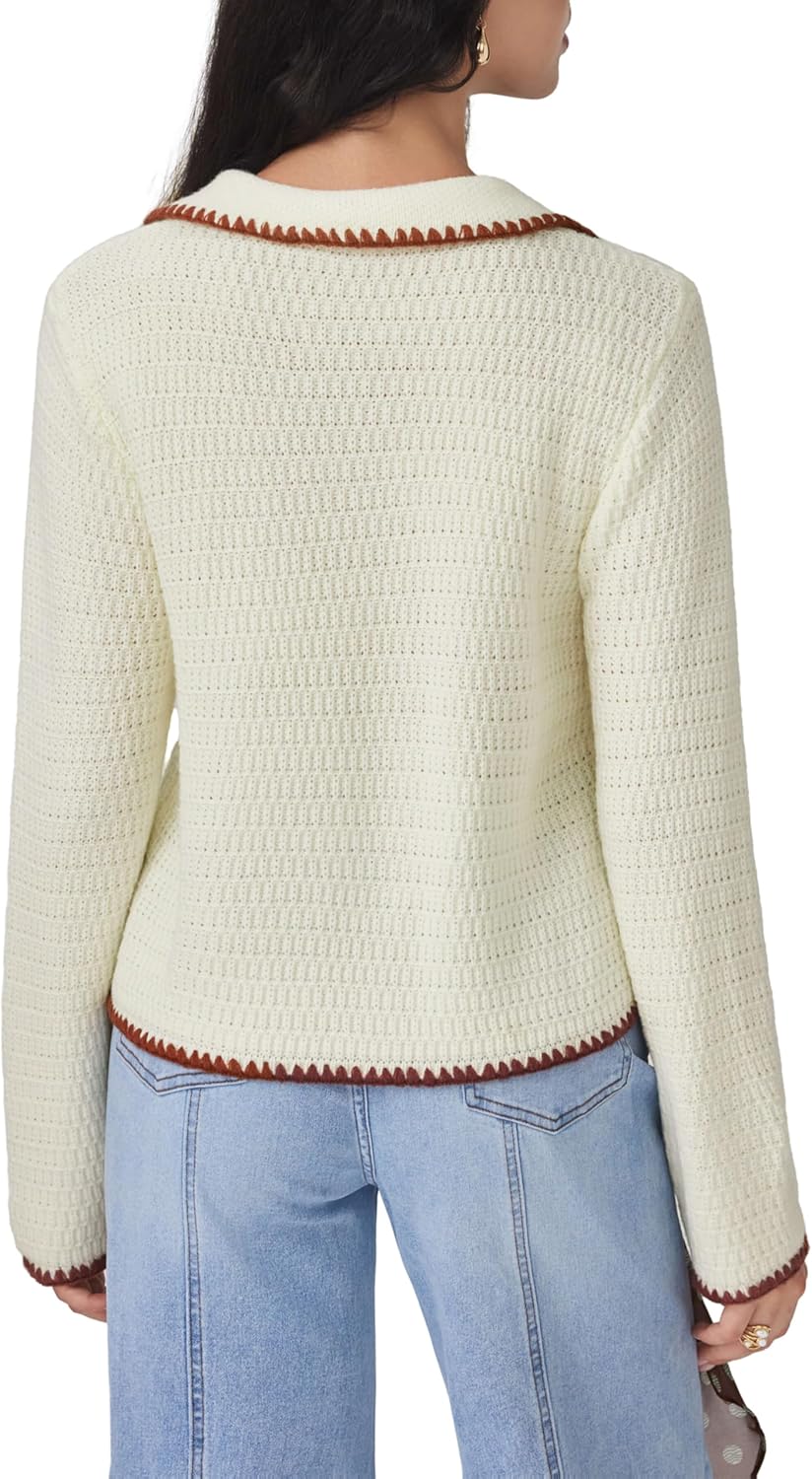 Beige knit sweater back view with V-neck collar and contrast trim, long sleeves