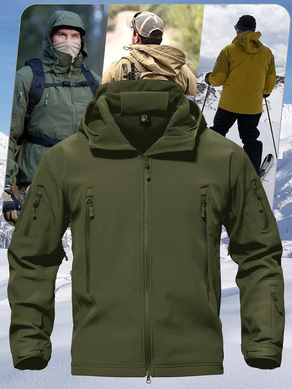 Men's olive green hooded soft shell winter jacket on model, full-zip front and pockets