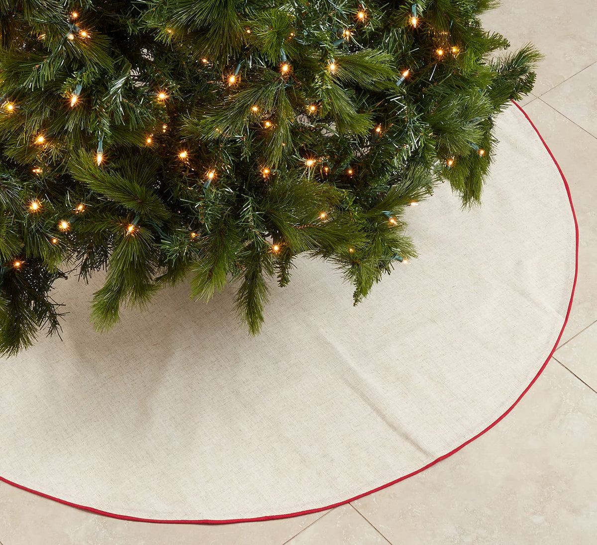 Linen blend round Christmas tree skirt with red piping edge