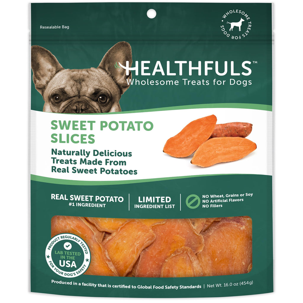 Healthfuls Sweet Potato Slices grain-free dog treat bag, resealable pack