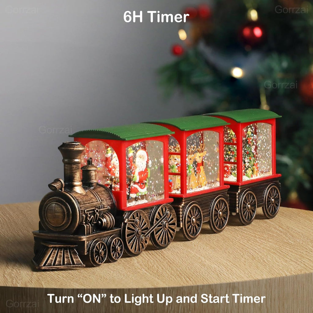 Train snow globe lantern in red with Santa window scene and green roof