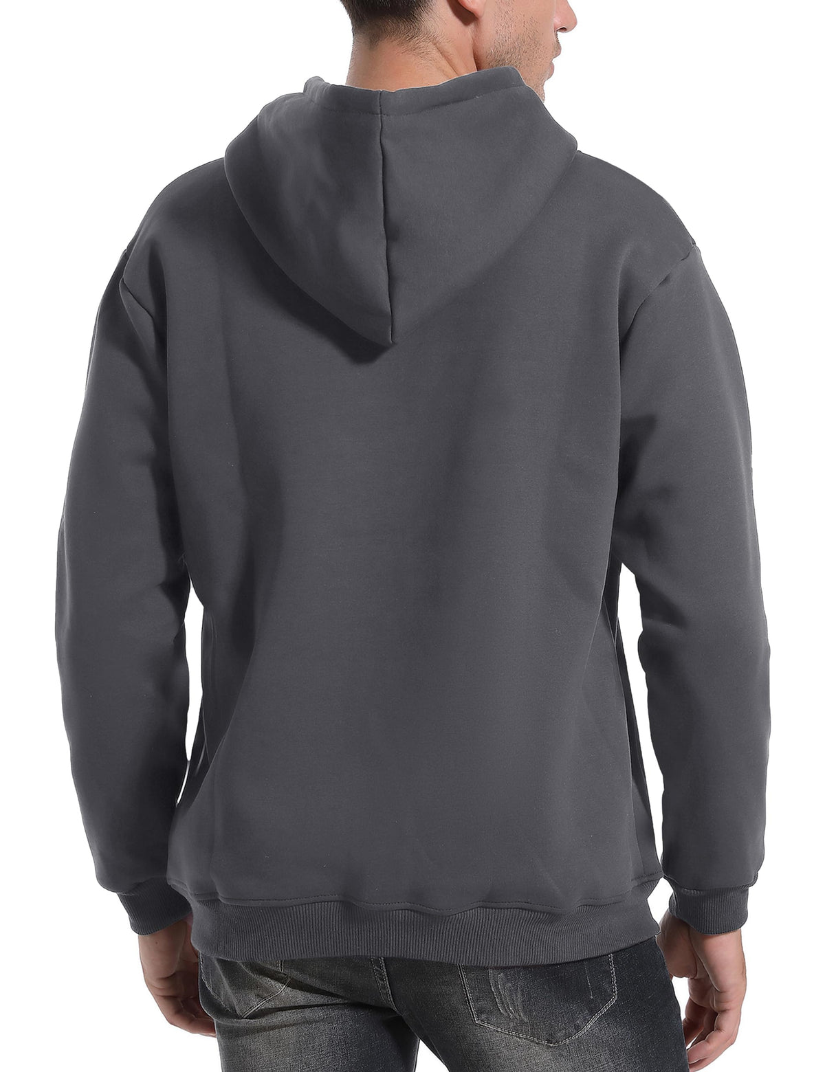 Dark gray pullover hoodie with hood and kangaroo pocket; back view.