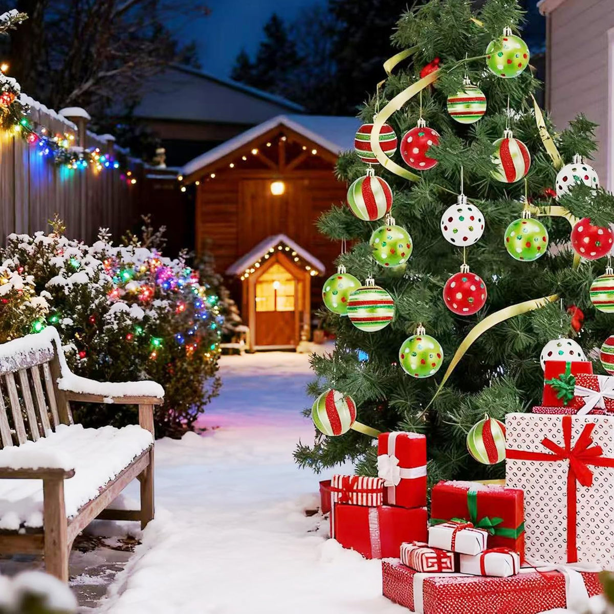 Christmas ball ornaments on an outdoor evergreen branch, red green white hanging balls