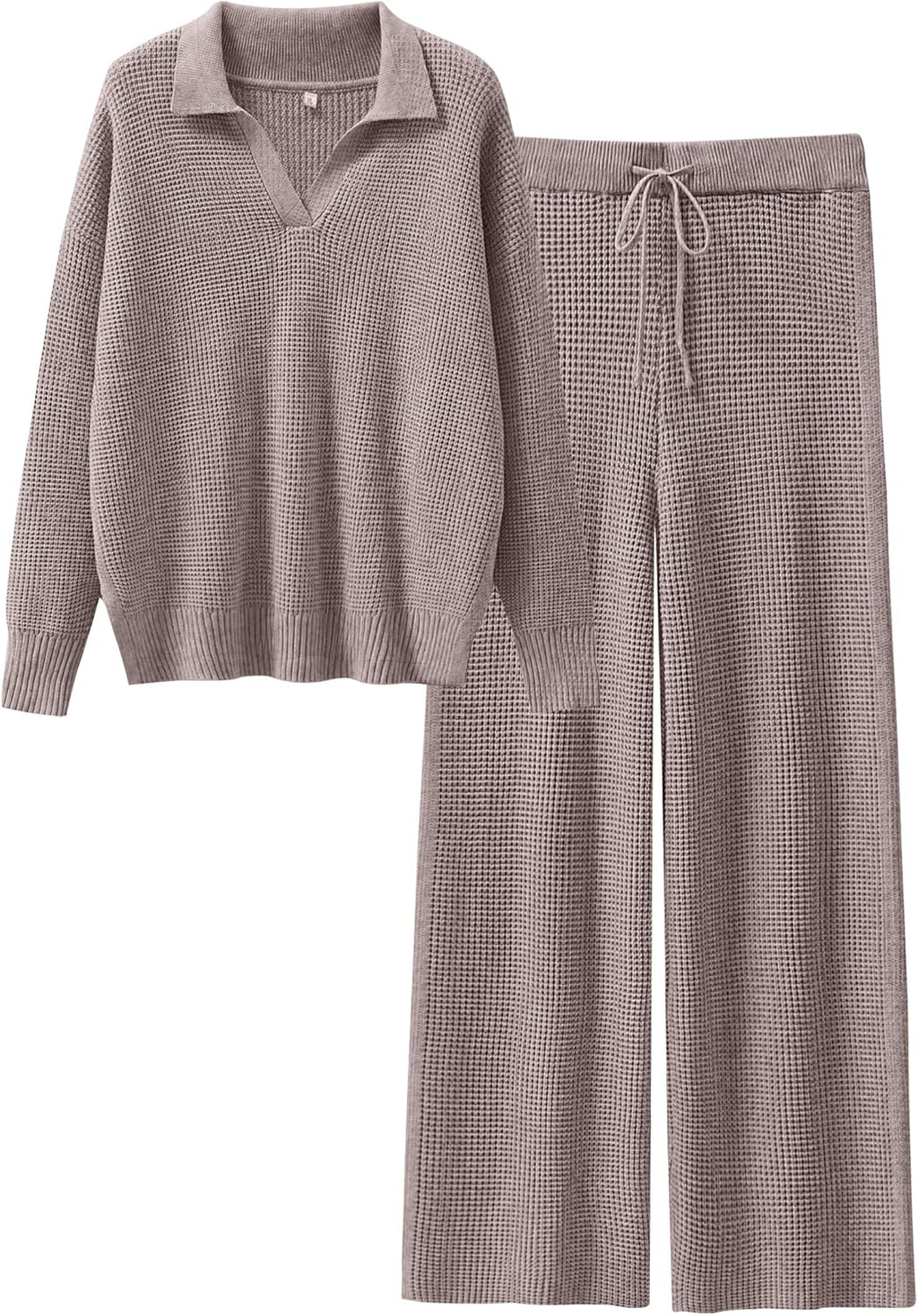 Waffle knit sweater and wide-leg pants set, taupe knit lounge set with drawstring waist