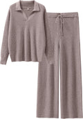 Taupe waffle knit pullover sweater with matching wide-leg pants set and drawstring