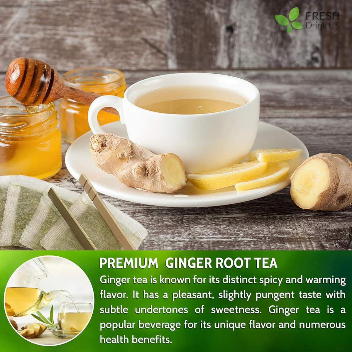 Cup of ginger tea with ginger slices on a white saucer