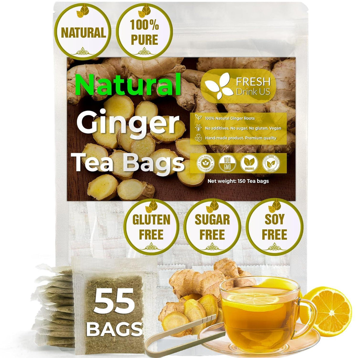Premium ginger tea bags package with 55 bags, natural labels, gluten/sugar/soy free badges.