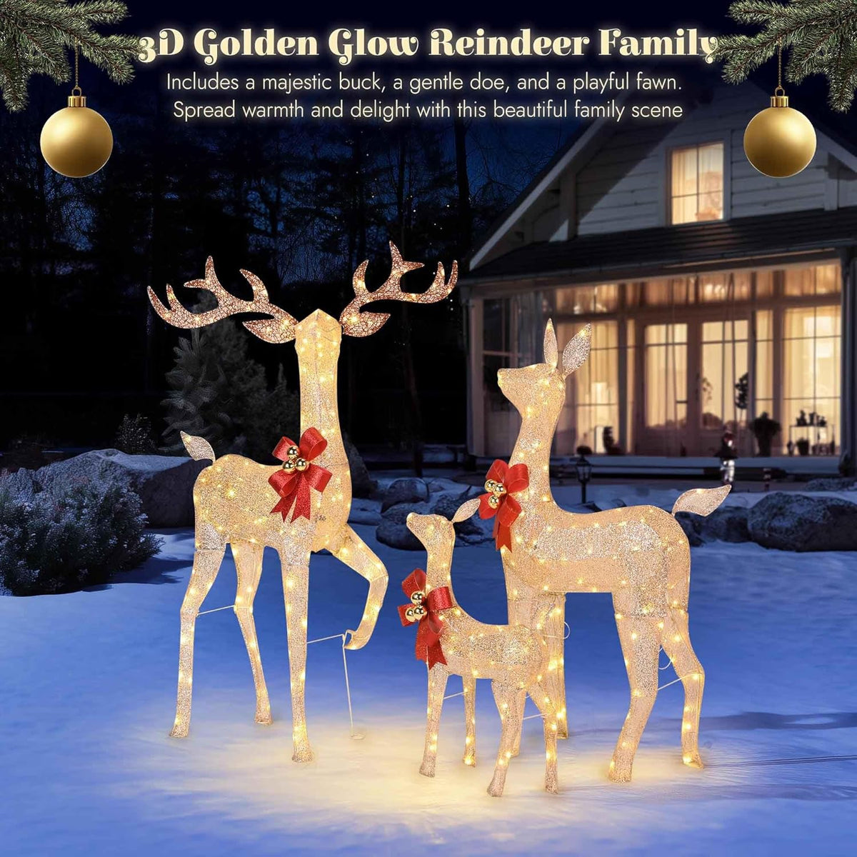 Glowing golden LED reindeer family outdoor decor, three reindeer figures with red bows