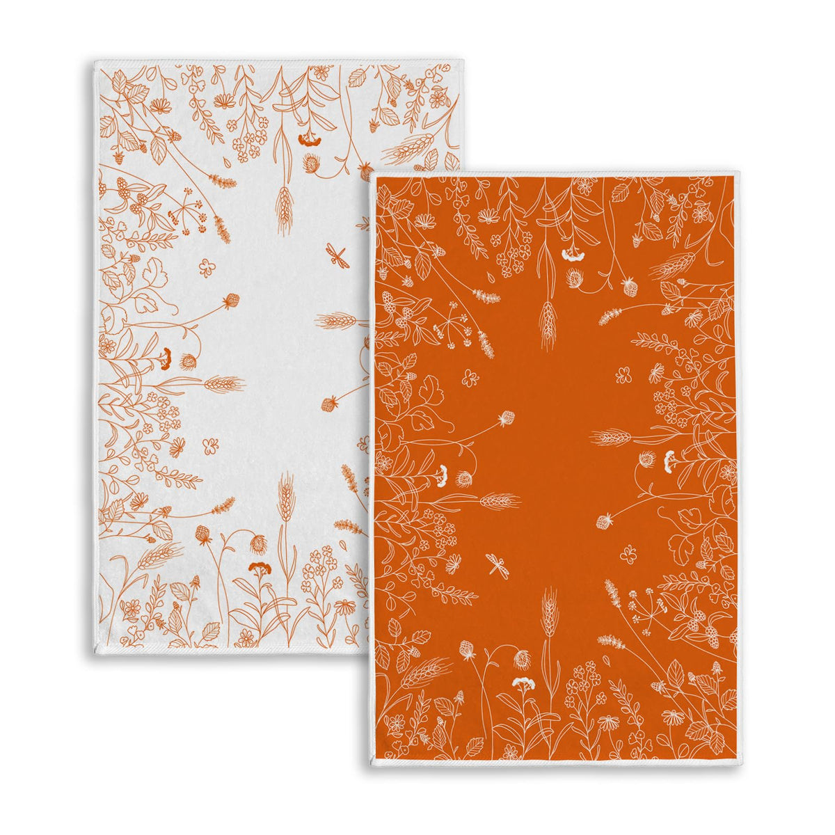 Set of two kitchen towels, one white and one orange, both with floral line pattern
