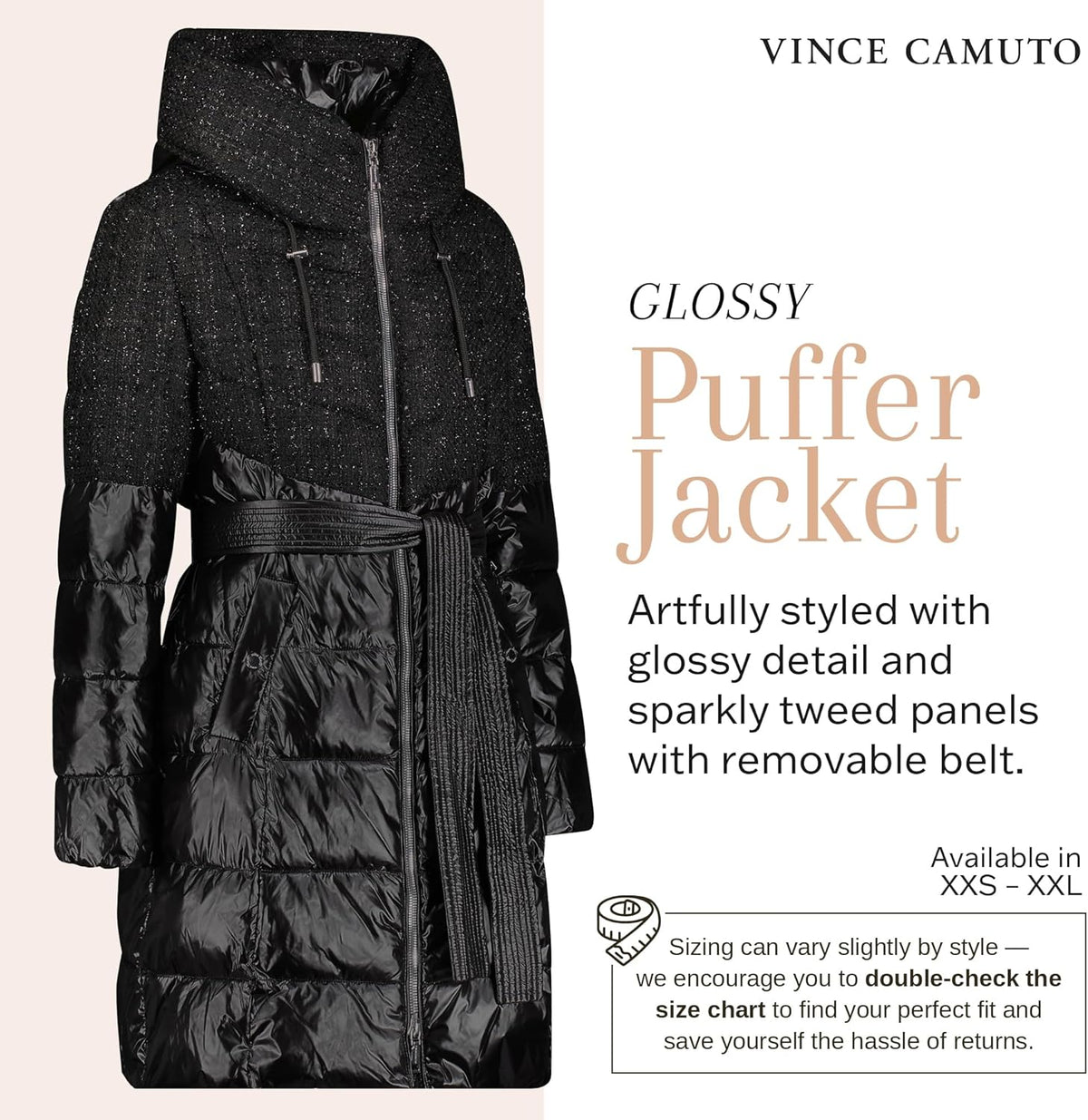 Black speckled hooded puffer jacket with glossy quilted panels and removable belt.