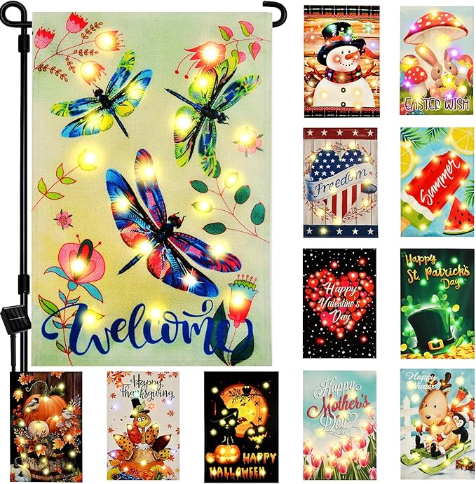 Lighted welcome yard flag set with butterflies and glowing fairy lights