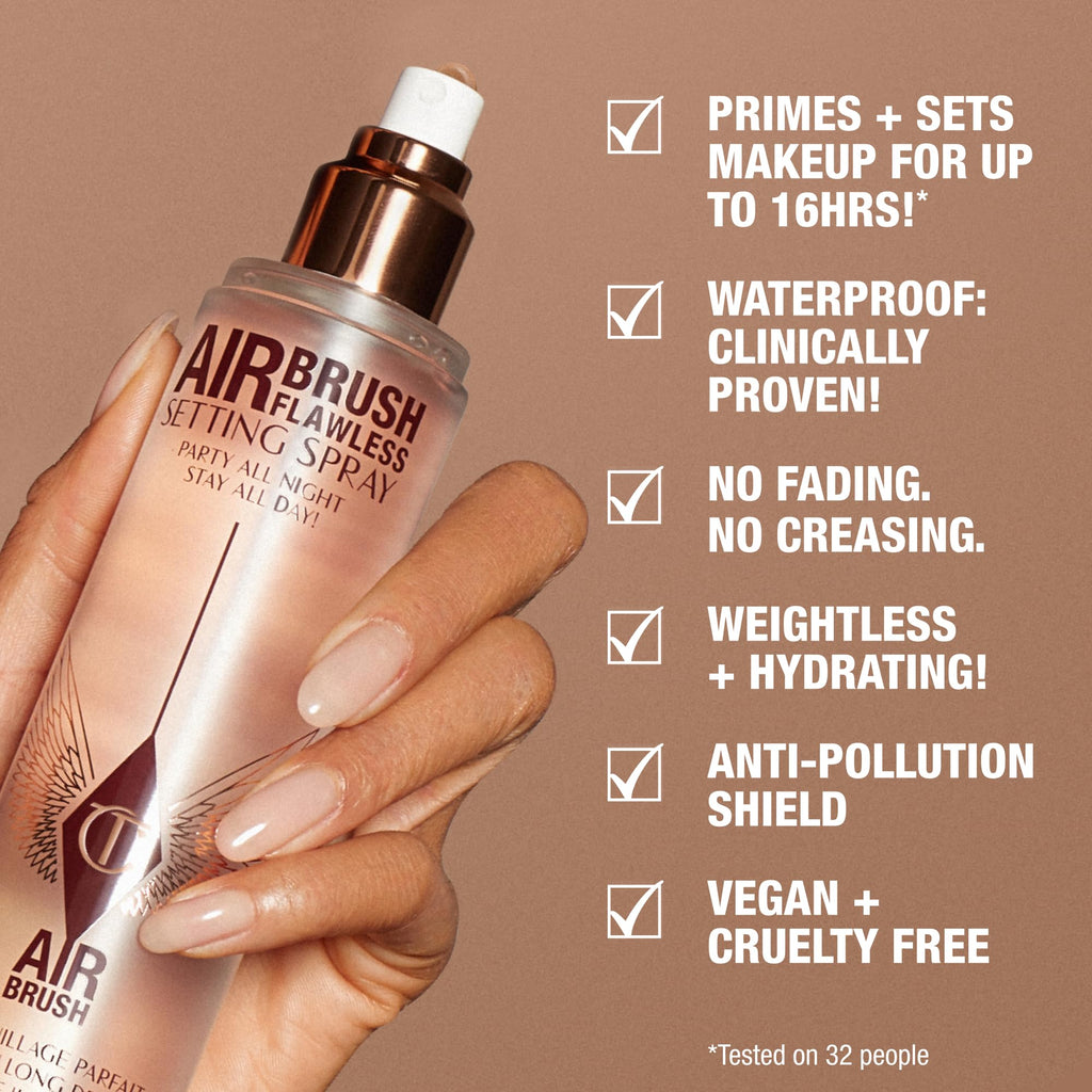 Bronze setting spray bottle with white cap held in a hand, Airbrush Flawless style