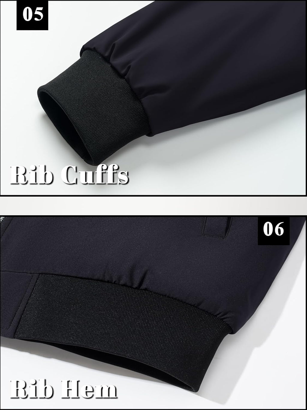 Black bomber jacket close-up of rib cuffs and rib hem for a snug fit