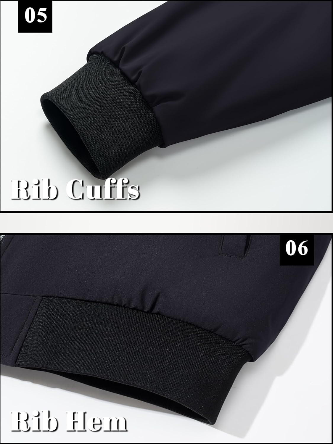 Black bomber jacket close-up of rib cuffs and rib hem for a snug fit