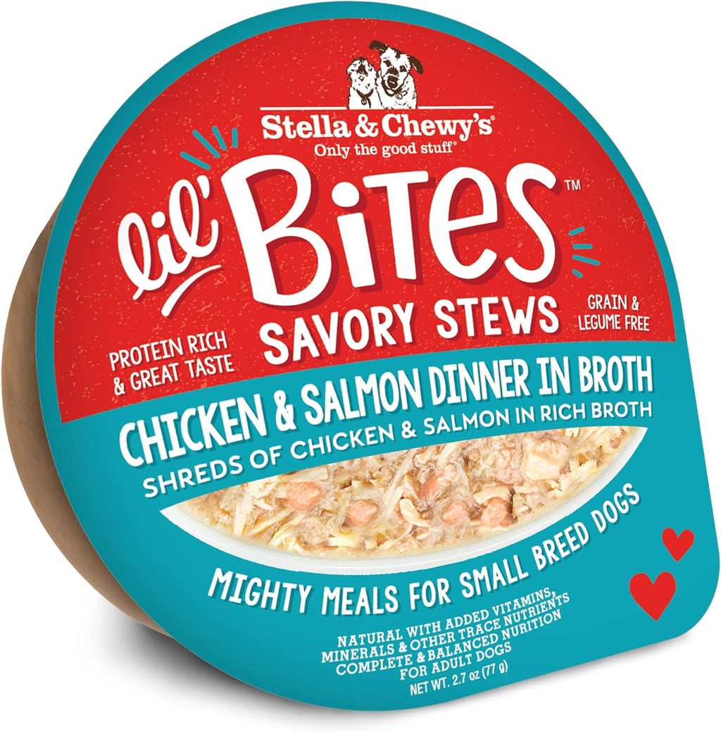 Dog food cup label: chicken & salmon savory stews in broth for small breed dogs