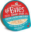 Dog food cup label: chicken & salmon savory stews in broth for small breed dogs
