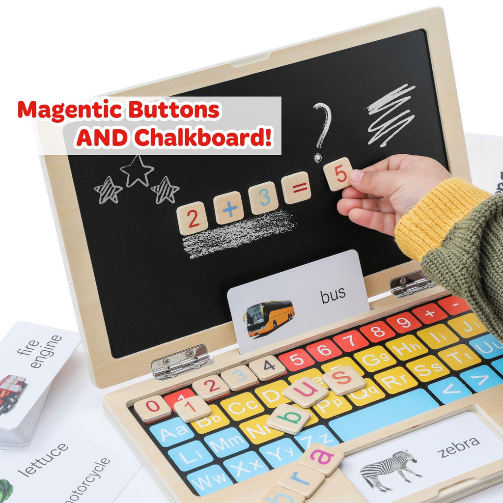 Wooden learning laptop with magnetic buttons and chalkboard, hand placing number tiles