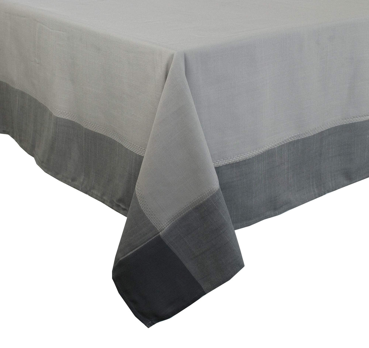 Blue 55 x 55 inch tablecloth with dark border, draped over table corners