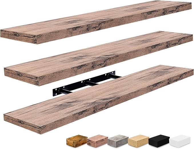 Three mahogany floating wall shelves with invisible brackets and textured wood grain