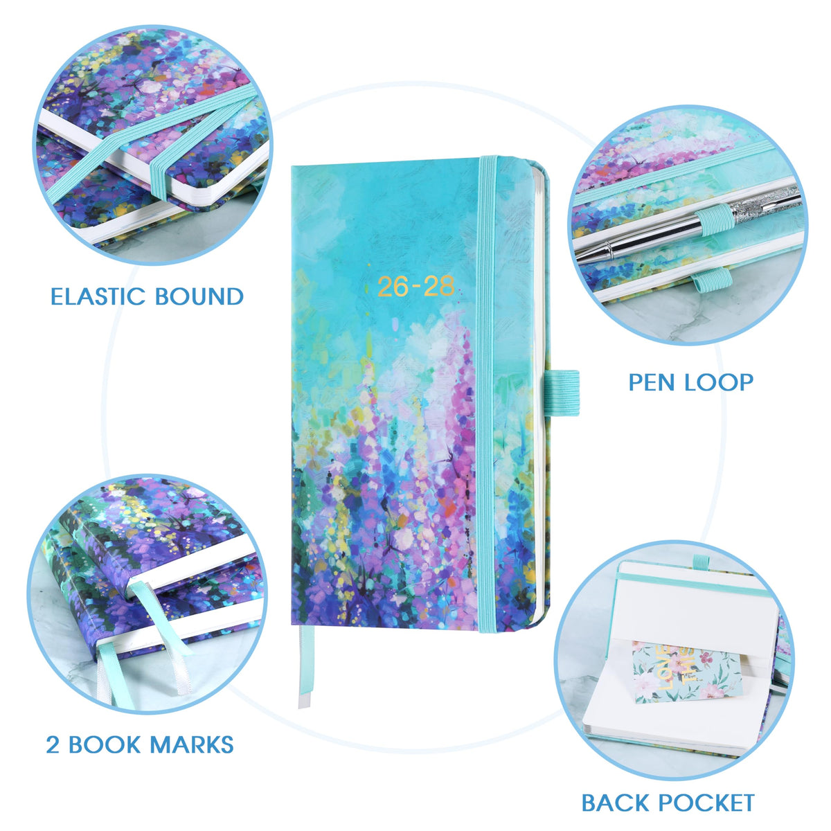 3-year pocket planner with elastic binding, pen loop, two bookmarks, and back pocket