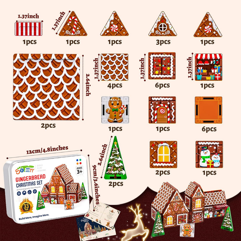 Gingerbread house tile set with piece breakdown, dimensions, and house assembly example