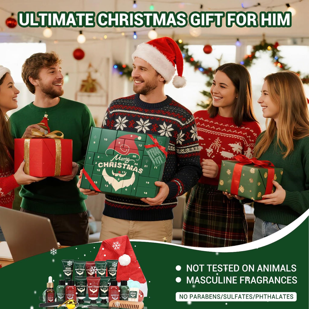 Christmas gift set advent calendar with assorted grooming products and festive hats