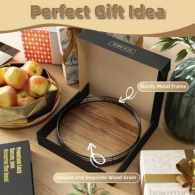 Acacia wood lazy susan turntable with black metal frame, styled with boxed gifts and decor