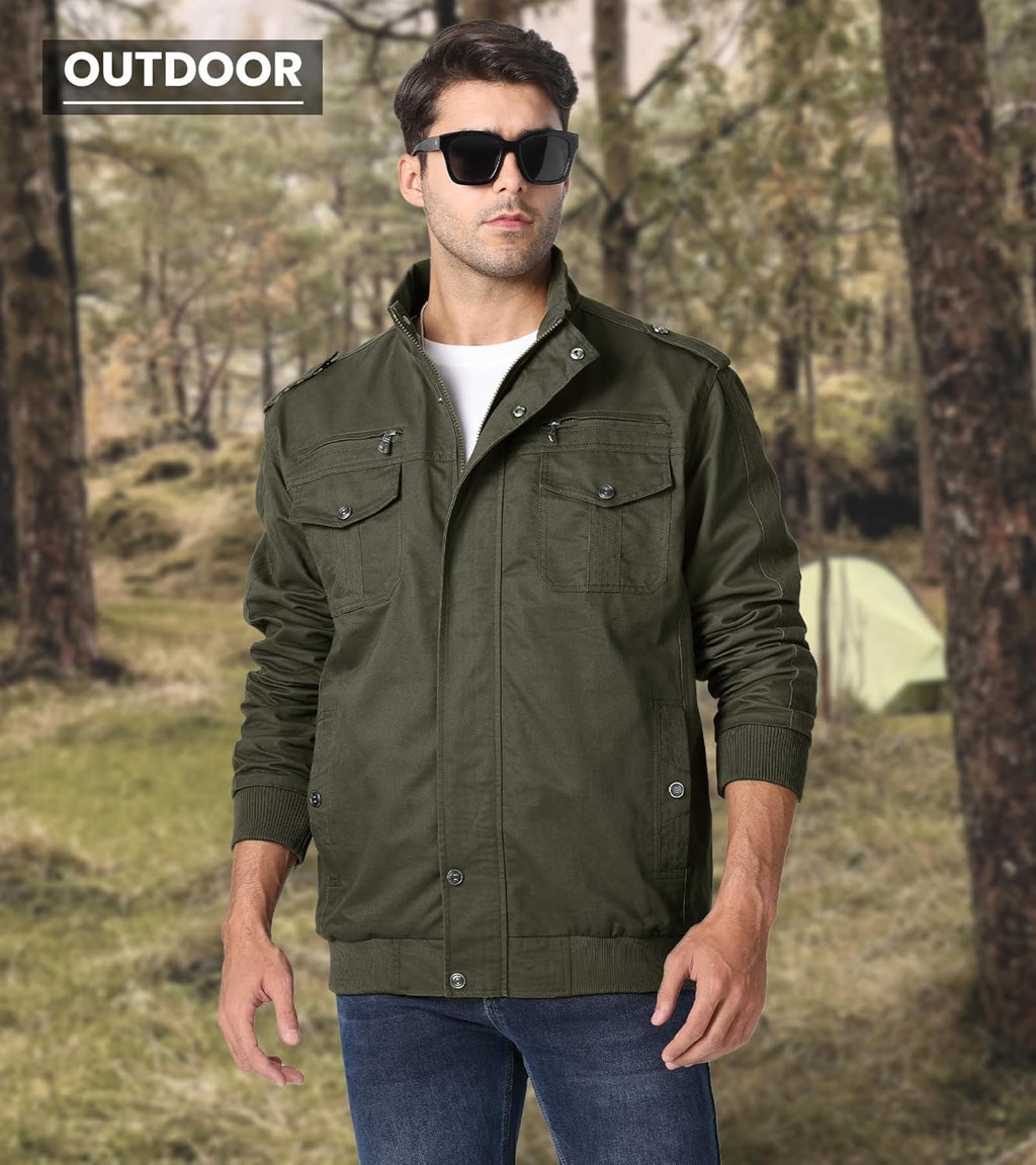 Men's lightweight cotton military jacket with stand collar, dark green, side flap pockets
