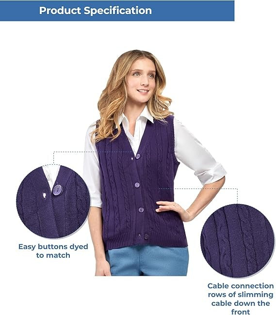 Purple cable knit button-front sweater vest with inset texture callout