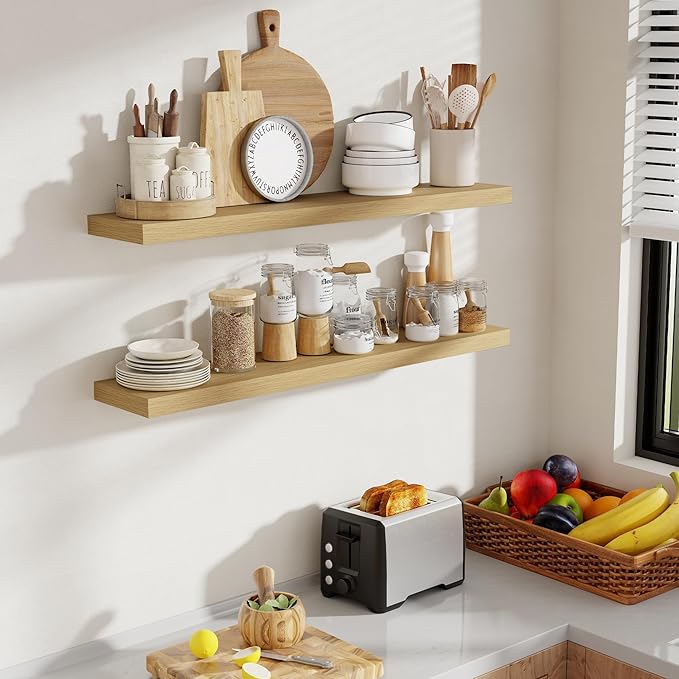 Oak deep floating shelves set of 2 with invisible brackets for wall storage