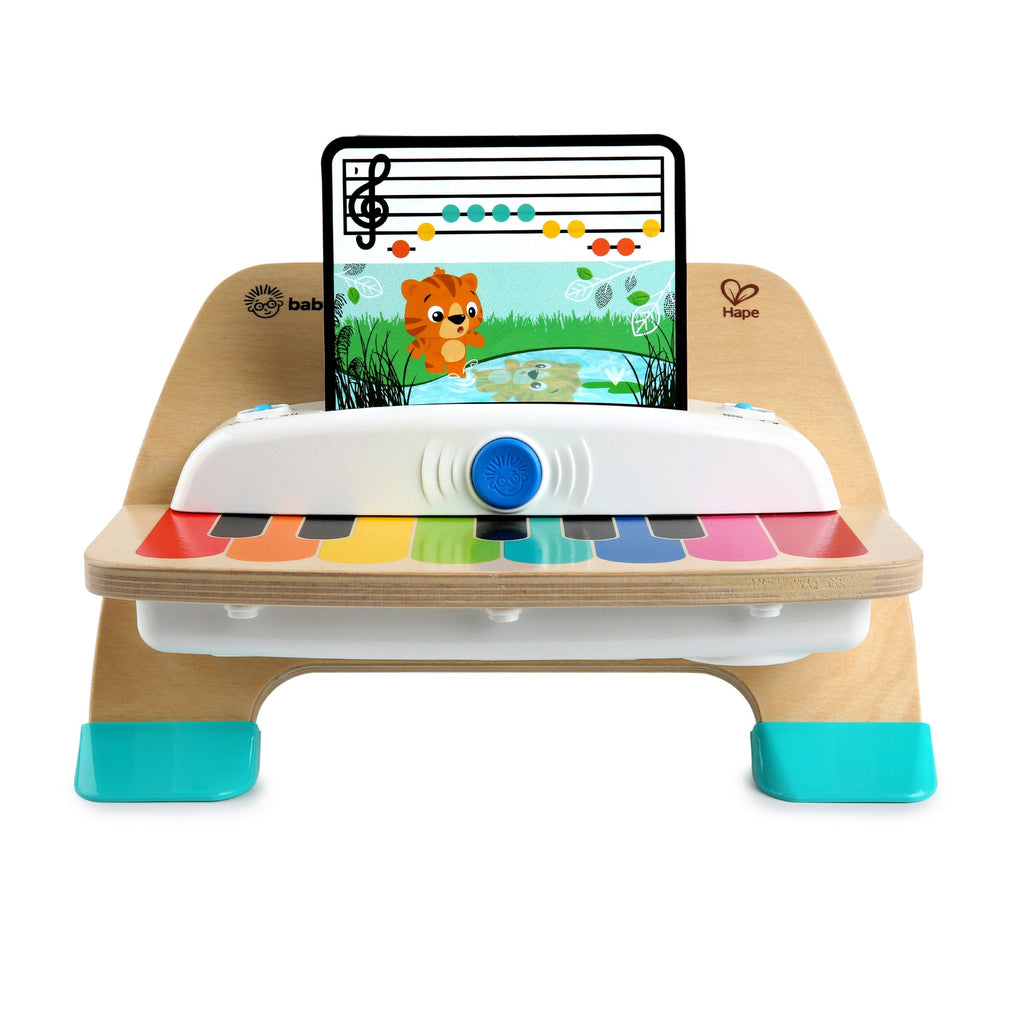 Front view of wooden baby music piano with screen and blue button
