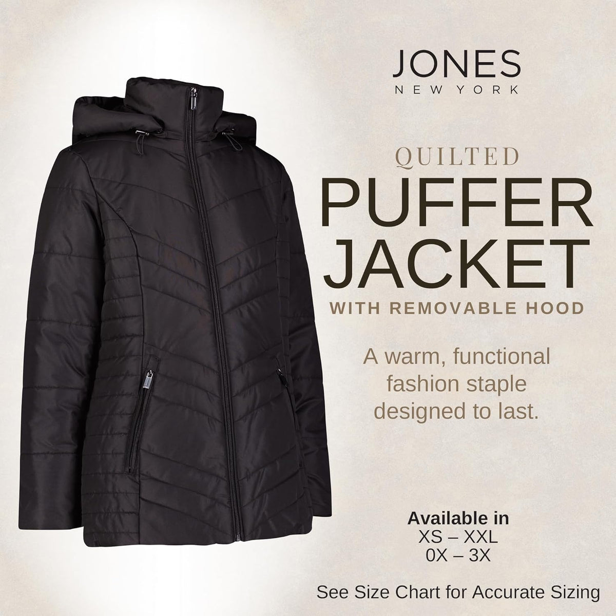 Women’s black quilted puffer jacket with full-zip front and removable hood