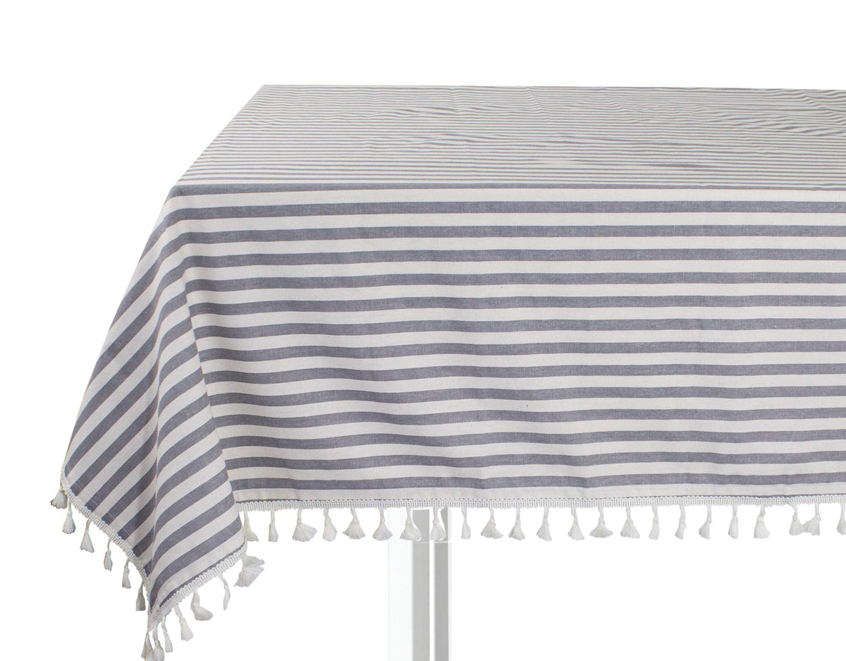 Cotton blend tablecloth with gray and navy horizontal stripes and tassel fringe