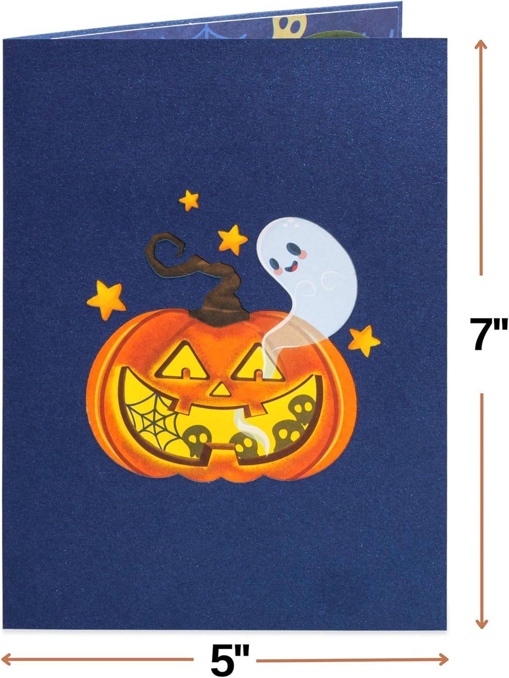 Halloween greeting card with blue cover and orange jack-o'-lantern illustration