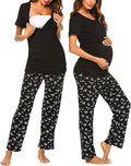 Black maternity nursing pajama set: short-sleeve V-neck top, floral print pants