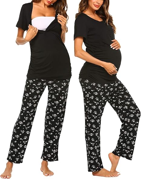 Black maternity nursing sleepwear set with V-neck short-sleeve top and floral patterned pants