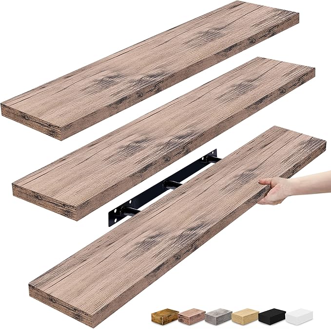 Mahogany floating wall shelf set with invisible brackets, textured wood planks