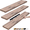 Mahogany floating wall shelf set with invisible brackets, textured wood planks
